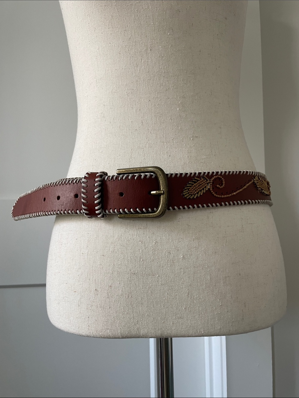 Lucky Brand Brown Leather Belt with Embroidered Leaf Detail